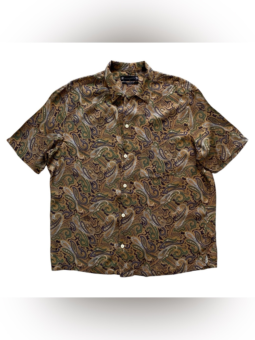 AllSaints Nidaros Paisley Shirt Men XL Relaxed Fit Short Sleeve Camp Collar